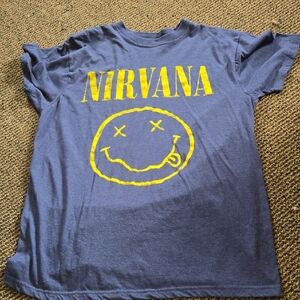 NIRVANA Blue and Yellow Smiley Face Short Sleeve Tee- T Shirt Band Tee
